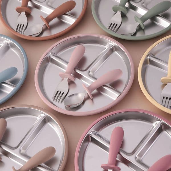 3PCS Silicone Stainless Steel Kit Toddler Sucker Dishes Plate Infant Self Feeding Training BPA Free Fork Spoon ddmythur