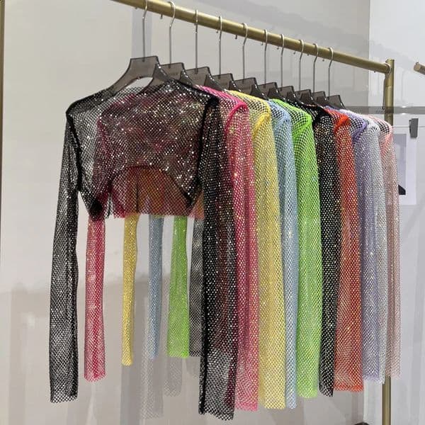 sexy bright diamond short top Slim thin Ms drill long-sleeved T-shirt sexy leak waist nightclub 260515