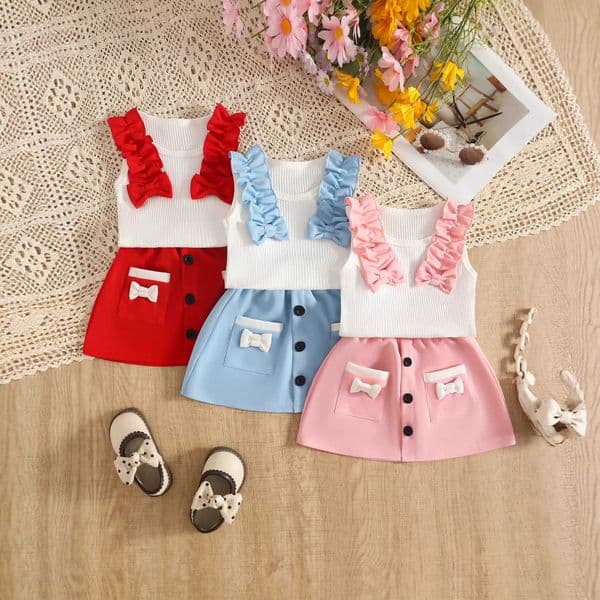 Baby Girl Sleeveless Ribbed Top with Lace Bow Skirt and Pocket Two-Piece SetL260519KLIS