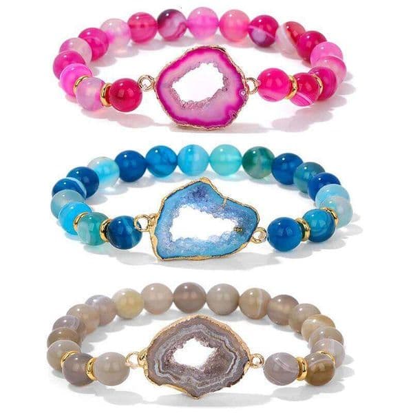 Natural Stone Striped Agat Bracelet Colorful Druzy Geode Agates Beads Charm Bracelets for Women Men Fashion Jewelry Gift