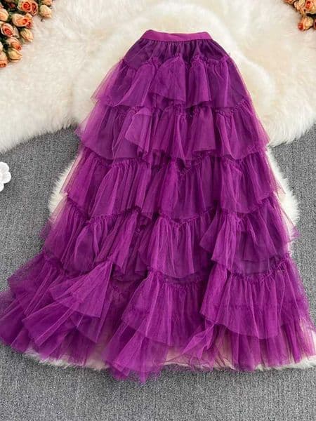 Tutu Tulle Long Skirts Womens 2024 Spring Korean Solid A Line High Waist Mesh Tiered Maxi Skirt Female Faldas Aesthetic L260518