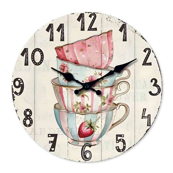 Vintage Colorful Floral Teacup Pattern Wooden Wall Living Room Bedroom Kitchen Home Decor Silent Quartz Clock Holiday Gift 10-Inch 12-Inch 14inch 16inch (No W260519