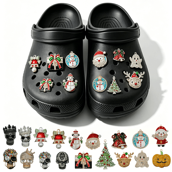 Christmas Halloween Metal Shoe Charms Santa Reindeer Skull Pumpkin Tree Bell Rhinestone Festive Accessories