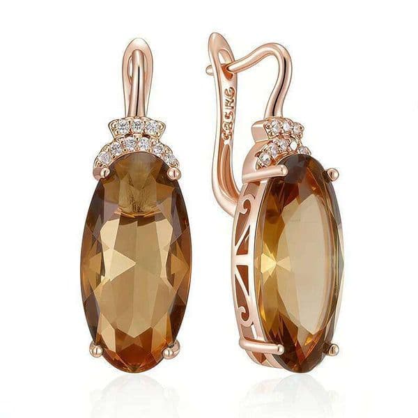 Wbmqda 30*10mm Brown Stone Drop Earrings For Women 585 Rose Gold Color Luxury Big Zircon Jewelry Accessories 26W0519