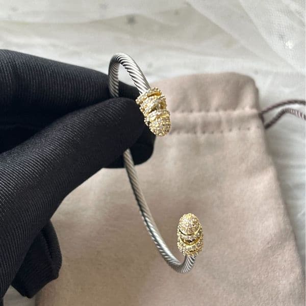 Women Designer Bracelet Twisted Cable Open Cuff Bangle Tone with Sparkling Crystal Accents Adjustable Statement Bracelet for Daily Party Wear