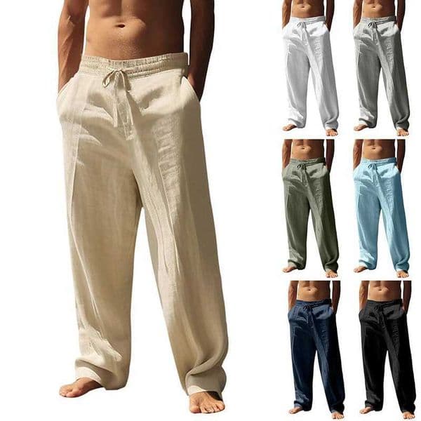 Mens spring and autumn sports yoga beach pants made of cotton and linen blend fabric with a fitted straight and loose style Q260519