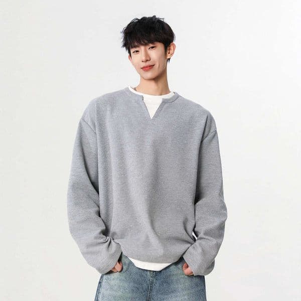 Japanese Style College Wind Waffle Fake Two-Piece V-Neck Men's Spring High-End Layered Base Shirt Design Long Sleeve T-Shirt a74
