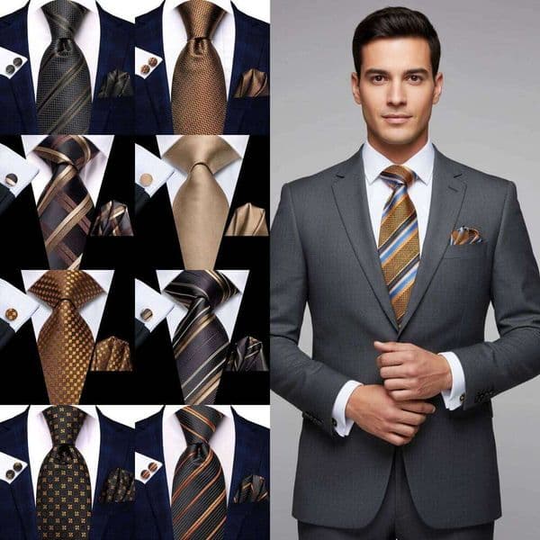 Hi-Tie 3pcs Mens Tie Brown Gold Floral Stripes Solid Necktie Pocket Square Cufflinks Set Wedding Formal Casual Office Party 26Y0519