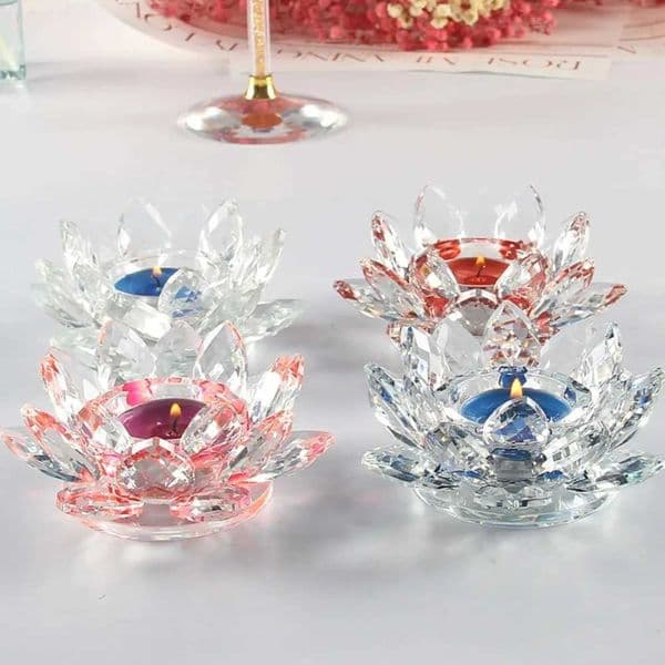 New Lotus Candle Holder Crystal Clear Figurines Tealight Candlestick Home Ornament Glass Everlasting Lamp Base Party Decor L260519