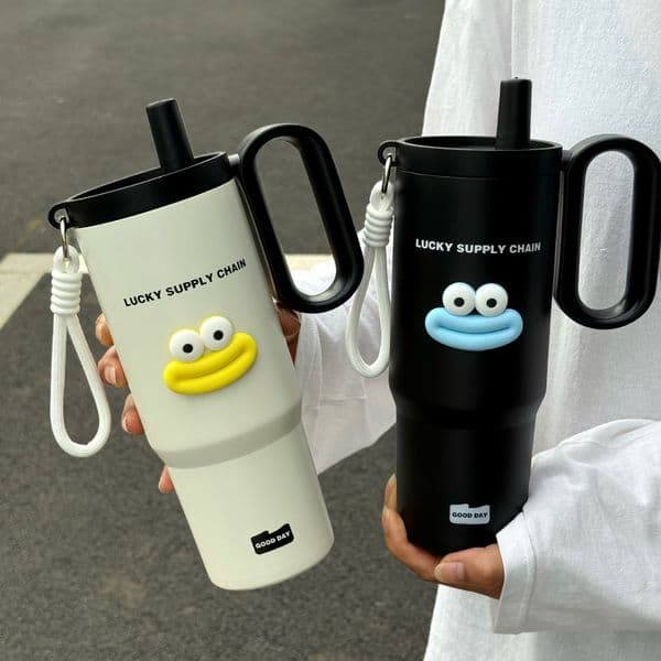 Luxury Large Capacity Handle Insulated Cup 316 Stainless Steel Car Tumbler Cute Cartoon Straw Mug