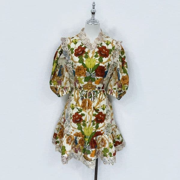 Australian niche vacation style linen retro Persian garden embroidered printed short sleeved dress yiyi