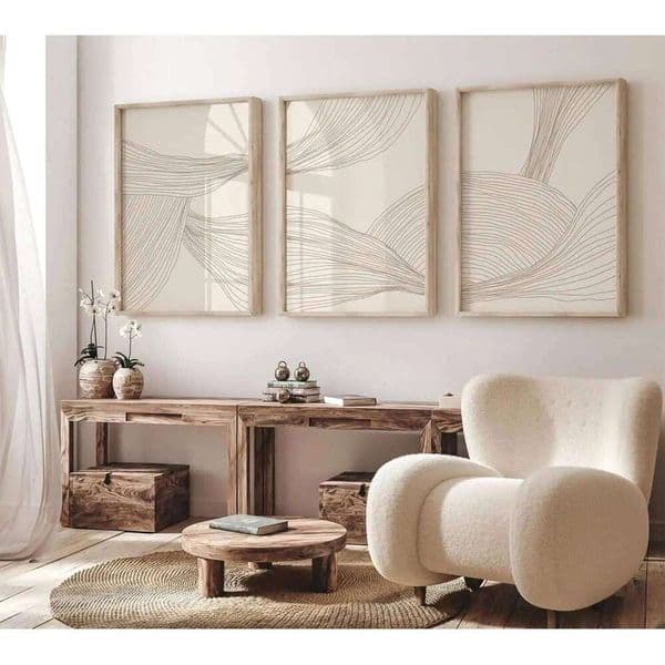 3 Pcs/Set Modern Abstract Wall Arts Beige Bohemian Canvas Mid-Century Piece Posters Geometric Line Printed Painting, No Frame 26L0519