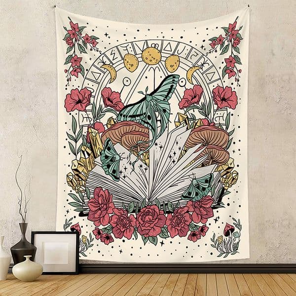 Black and white skull tapestry, moth tapestry, tarot card sun moon constellation tapestry, Psychedelic butterfly flowers tapestry