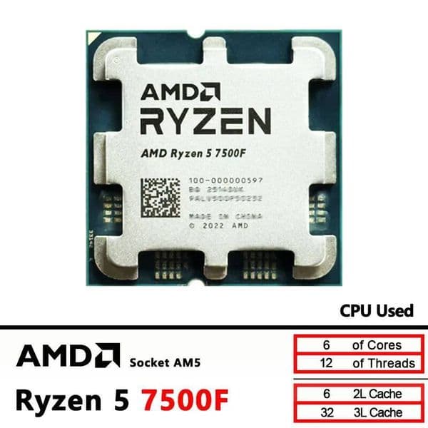 AMD Ryzen 5 7500F Used R5 7500F 37GHz CPU processor 6-Core 12-Thread 5NM L332M 100-000000597 Socket AM5