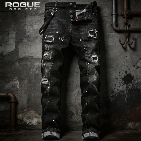 High Street Y2K Streetwear Distressed Slim Harajuku Jeans Men Patchwork Paint Splatter Button Denim Pants Punk Trousers Unisex 260519