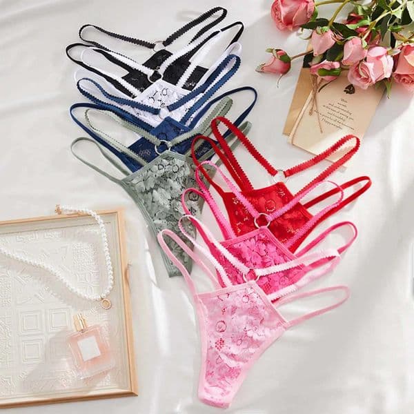 Women Strappy Hollow Briefs Underwear Ring Link Straps Low Rise Floral Lace Panties Ladies Translucent Sexy Underpants Lingerie Z260519