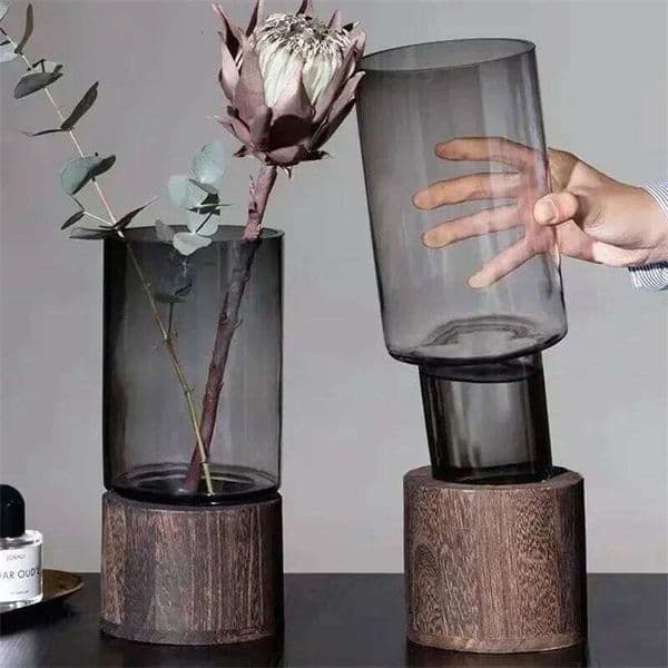 Vases Simple European hydroponic plant household living room table inserted flower wood base transparent glass vase Home Decor 26W0519