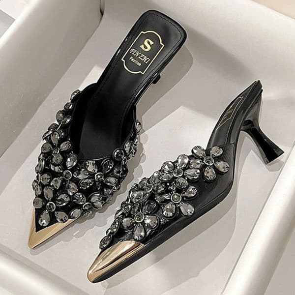 y Rhinestones Pointed Toe Mules Pumps Women Slippers Summer Fashion Slides ner High Heeled Sandals Female Tacones 260519