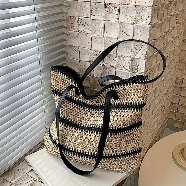 Large Boho Chic Striped Woven Tote Bag Spacious Shoulder Beach Shopping Bag for Women with Black and White Design Beach Bag H260519