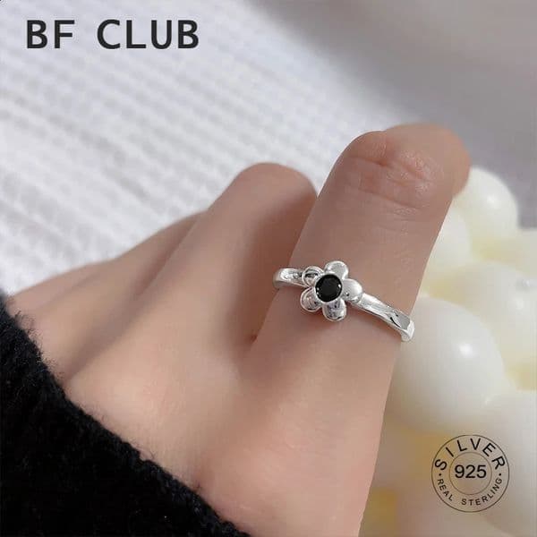 100 Solid 925 Sterling Silver Black Stone Flower Open Rings For Women Vintage Geometric Retro Anillos Party Gifts Accessories 260515