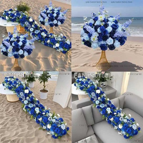 Luxurious Artificial Royal Blue rose Flower Row sofa Table Runner Wedding Backdrop outdoors Floral Ball Centerpiece Decor props C260519