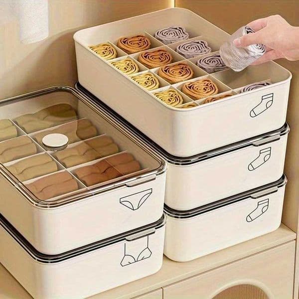 3pcs White Plastic Underwear and Sock Organizer Box - 10/15 Compartment Design Lidless Transparent Cover Wardrobe Storage C260518