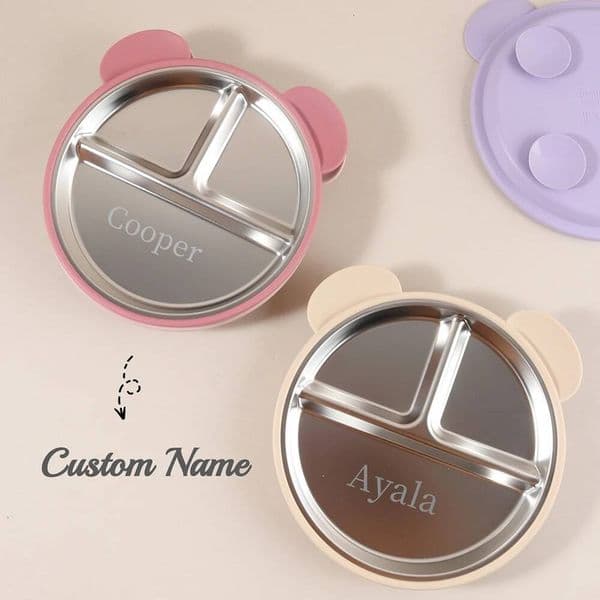 Custom Name cute bear tableware stainless steel for Toddlers baby silicone training plate ddmythur