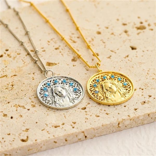 HECHENG Sea Blue Crystal Necklace Goddess Portrait Pendant for Women Wedding Jewelry 260518