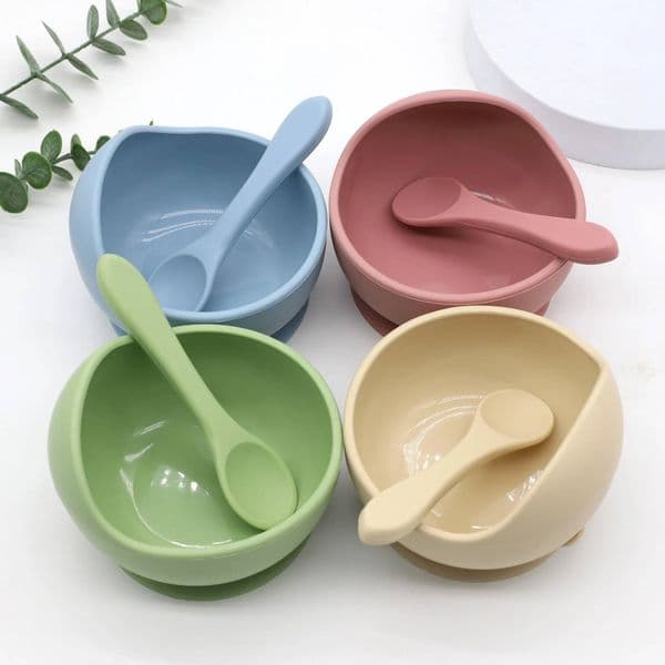 Baby silicone complementary food feeding bowl spoon set with cup for strong suction ddmythur