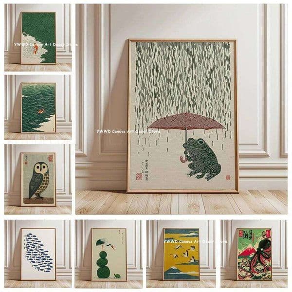 Japanese Frog Umbrella & Sea Boat Canvas Print Minimalist Mid-century Bluebird Animal Wall Art Poster for Modern Home Decor Gift 26L0519