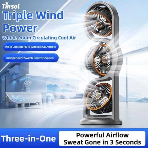 TINSOL New Portable USB Rechargeable Three-Head Fan 360 Circulation 5-Speed Wind Dormitory and Outdoor Desktop Fan T260520