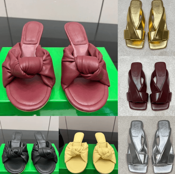 Top Designer Woven Knot Leather Slides Sandals Women Luxury Flat High Heels Square Casual Shoes Fashion Metallic Solid Summer Party Non Slip Slippers
