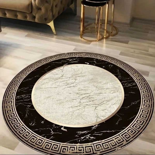 Greek Key Marble Round Area Rug - Classic Geometric Pattern Non-Slip Floor Mat for Living Room L260519