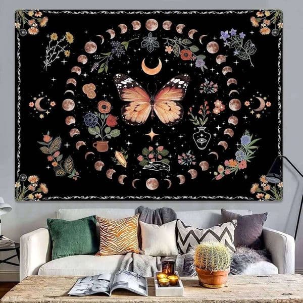 Orange Butterfly Moon Flower Tapestry Boho Floral Plant Tapestries for Bedroom Aesthetic Tapastry's Wall Hanging Mandala 26W0519