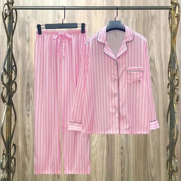Women Striped Satin Pajama Set Autumn Cardigan Long Sleeve Pants Loose Casual Wear Fashion Classic Pink sleepcoat Two Piece 260520