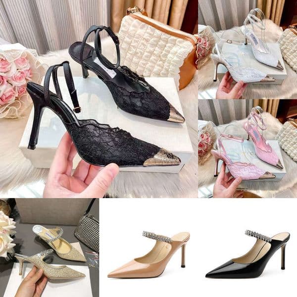 jim chooes heels hot-selling JC sandals designer women lace-spliced metal pointed-toe high-heeled with thin heels a buckle French-style elegant and sexy shoes