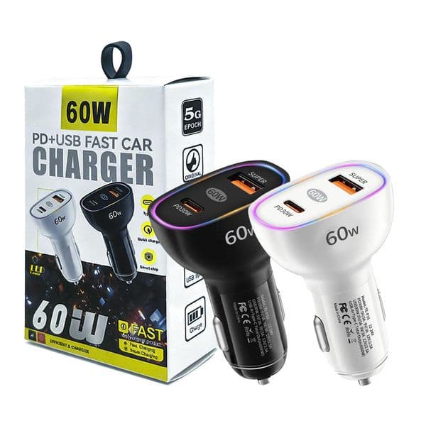 60W USB C Super Fast Charging Car Charger With Colorful Light PD30W Type C Quick Charge Cigarette Lighter Plug Travel Power Adapter For iPhone Samsung Huawei Xiaomi