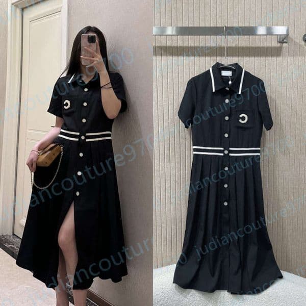 Elegant Black Dresses for woman designer with Double C Brand logo Embroidery Button Down Short Sleeve English Color blocking Trim Accents Fashion dress Clothing