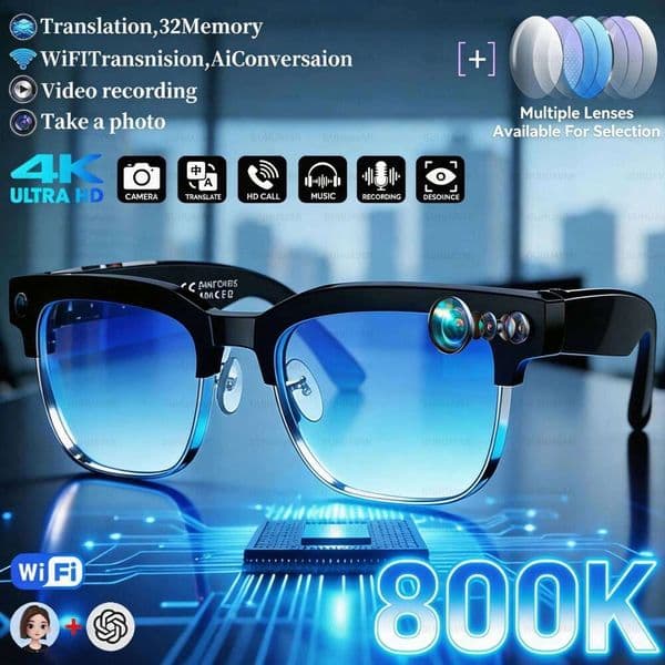 2026New 4K Ultra HD Color Change BT Call Smart Chat Music Player 800W Pixel Camera 1080P Video AI Sports Glasses Men Smart Glasses