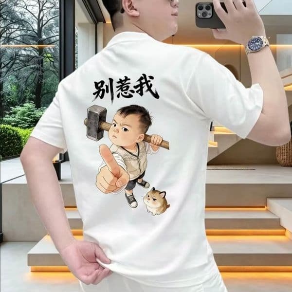 Cute Chibi Boy With Hammer And Angry Cat Back Print T Shirt, Funny Cartoon Kid Graphic Casual Tee, Summer Streetwear Top for Men Women, Graduation Season Trendy Outfit