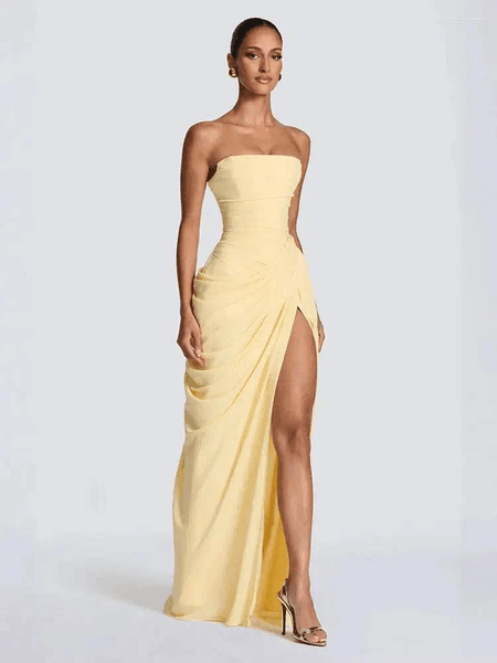 Casual Dresses 2026 Asymmetrical Women Pleated Strapless Dress Chic Off-shoulder Backless High Waist Split Evening Party Gown