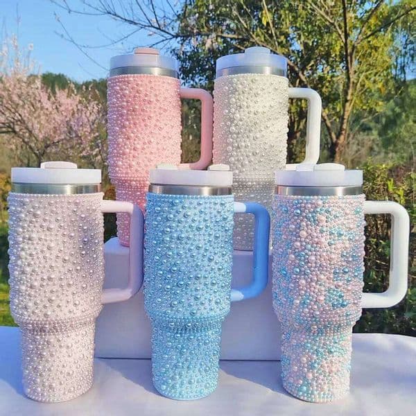 Pearl Diamond Cup,Exquisite Large Capacity Portable Car Handle,Stainless Steel Insulated Water Cup with Straw 26Y0520
