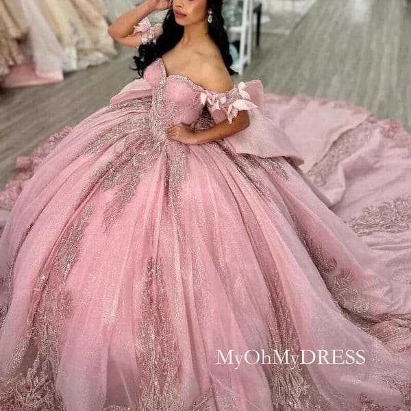 Pink Shiny Quinceanera Dresses Ball Gown Off The Shoulder Sequin Applique Lace Beading Crystal Bow Tull Party Birthday Sweet 16 Vestidos 15 De Anos Y520