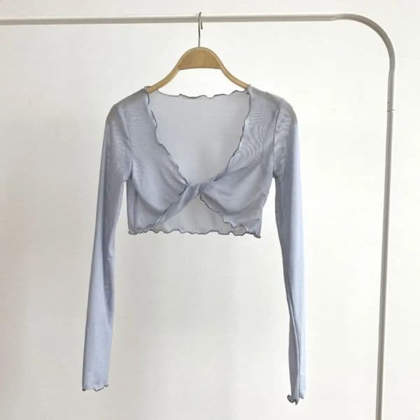 Casual Ruffle Mesh Knot Cardigan Long Sleeve See Through Sun Protection Tops Short Korean Shirts for Women Beach Wear 260520