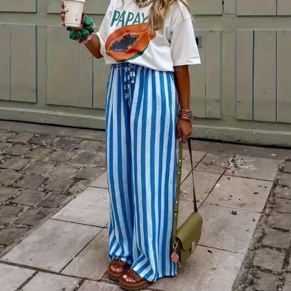 Cross-border Amazon Spring/Summer New European and American Women's Loose Casual Color-Block Striped Print Straight-Leg Pants