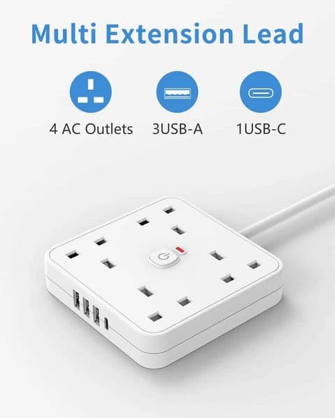 UK Plug Power strip Expansion socket with 4 AC sockets 3 USB and 1 Type C port 18m extension cord for home office dorms T260520