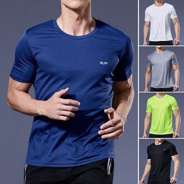 Mens T Shirts Quick Dry RUN Letter Print Crew Neck Short Sleeve Tops Men Breathable Loose Gym Running Sports Casual Tees Mens Clothing