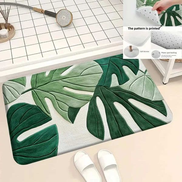 3D Monstera Leaf Doormat 1pc Green Tropical Plant Design with Raised Pattern Soft Plush Floor Mat for Bathroom and Living Room L260519