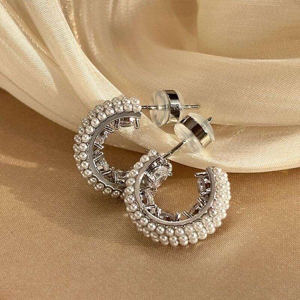 S999 Pure Silver Needle C-Shaped Hoop Earrings With Pearls, Women's European And American Light Luxury High-End Earrings, Hypoallergenic Ear Accessories