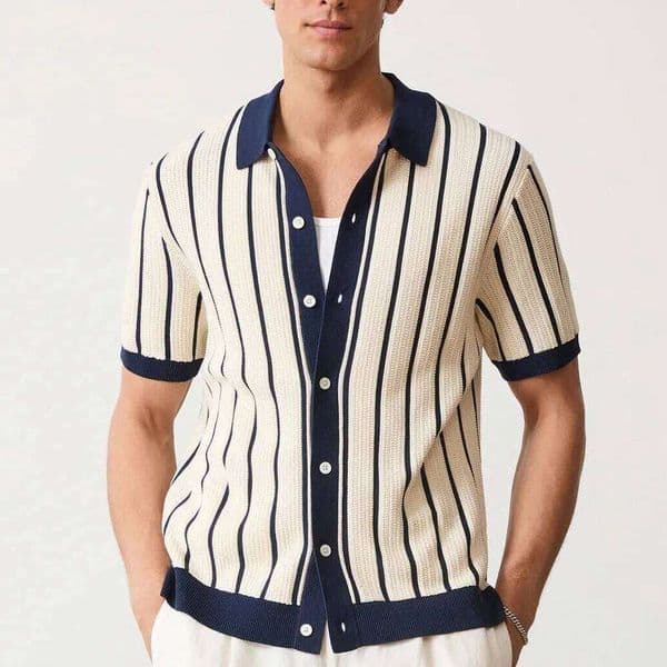 New Summer Men's Striped Knit Polo Shirts Fashion Patchwork Short Sleeve Turn Down Collar Smart Casual Polos Men Knitted Tops J260520